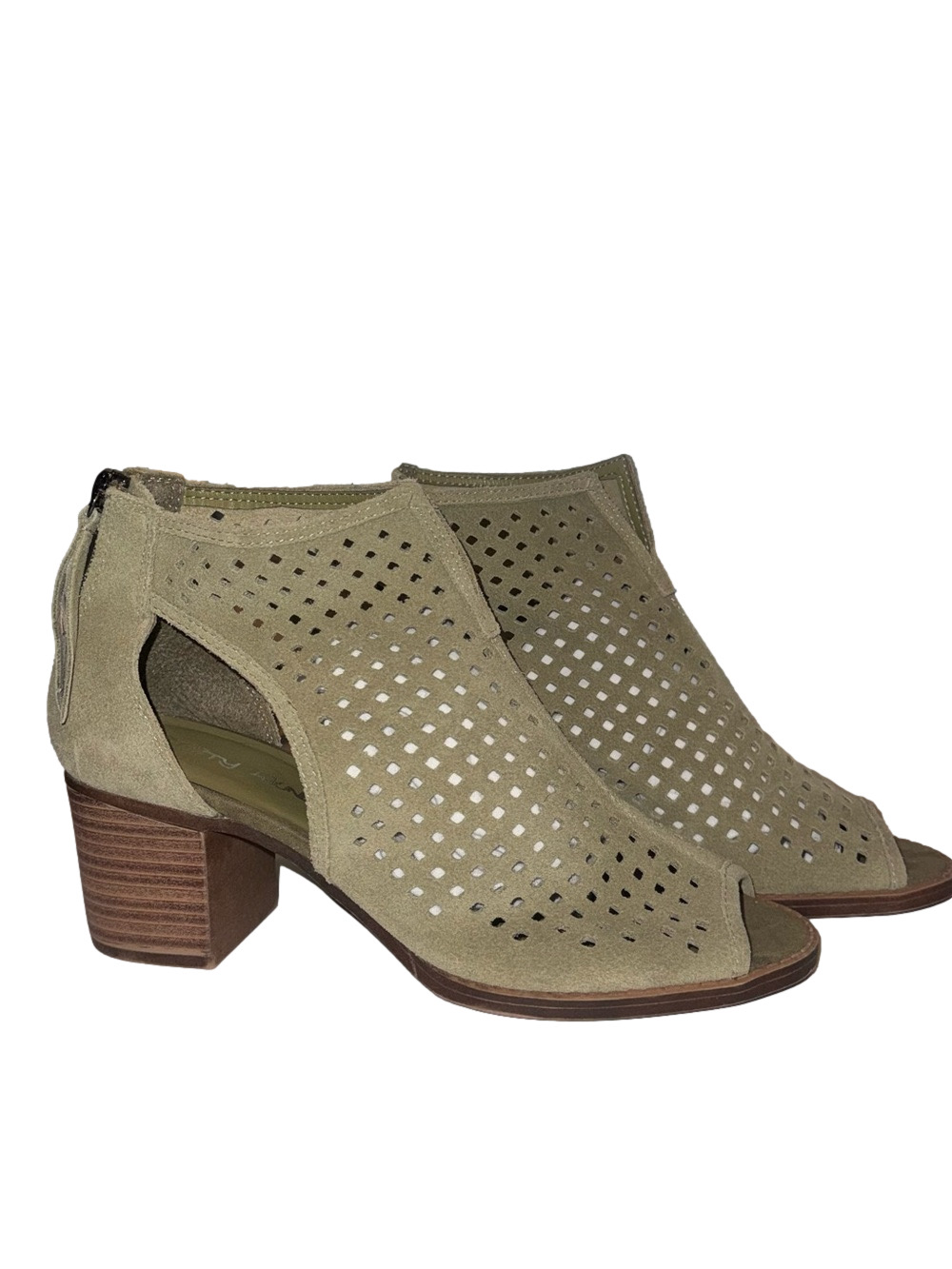 Dirty Laundry Tessa Peep Toe Booties in Olive Green Suede Wooden Black Heel Sz 8